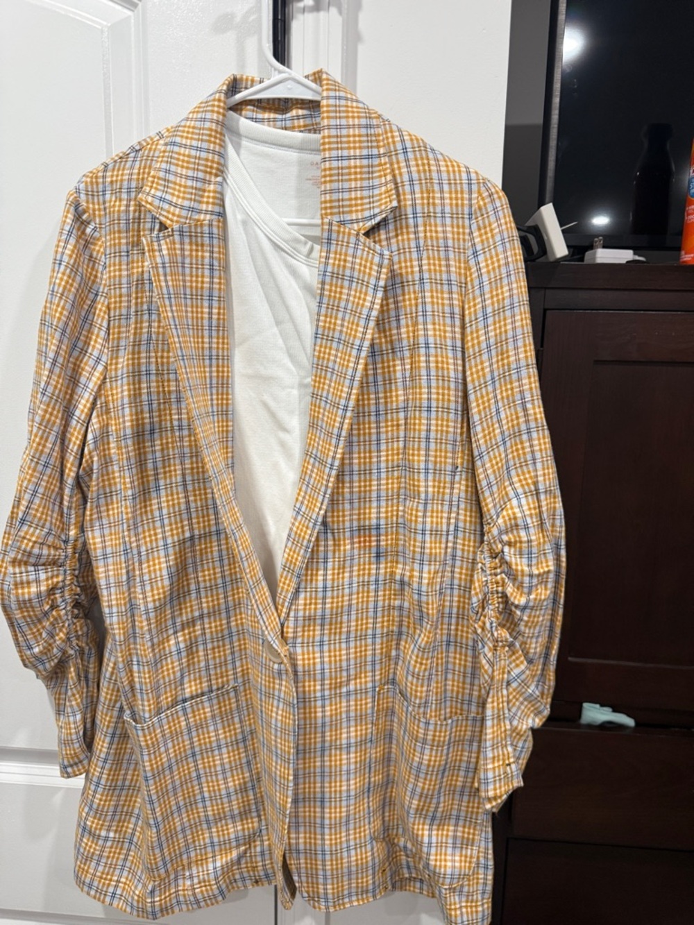 Women Plaid Lightweight Blazer Jacket - Yellow Plaid